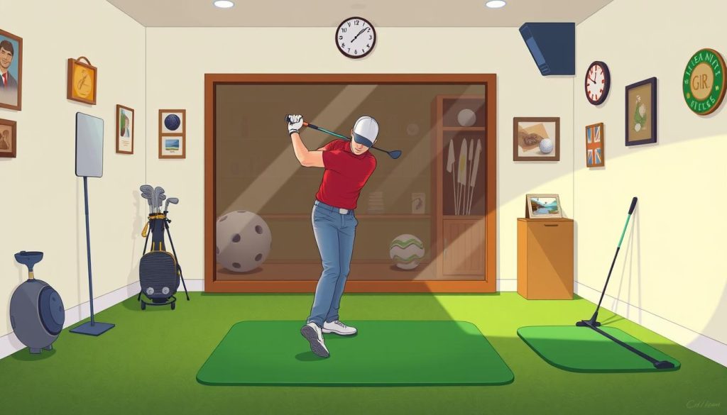 Indoor golf drills using mirror